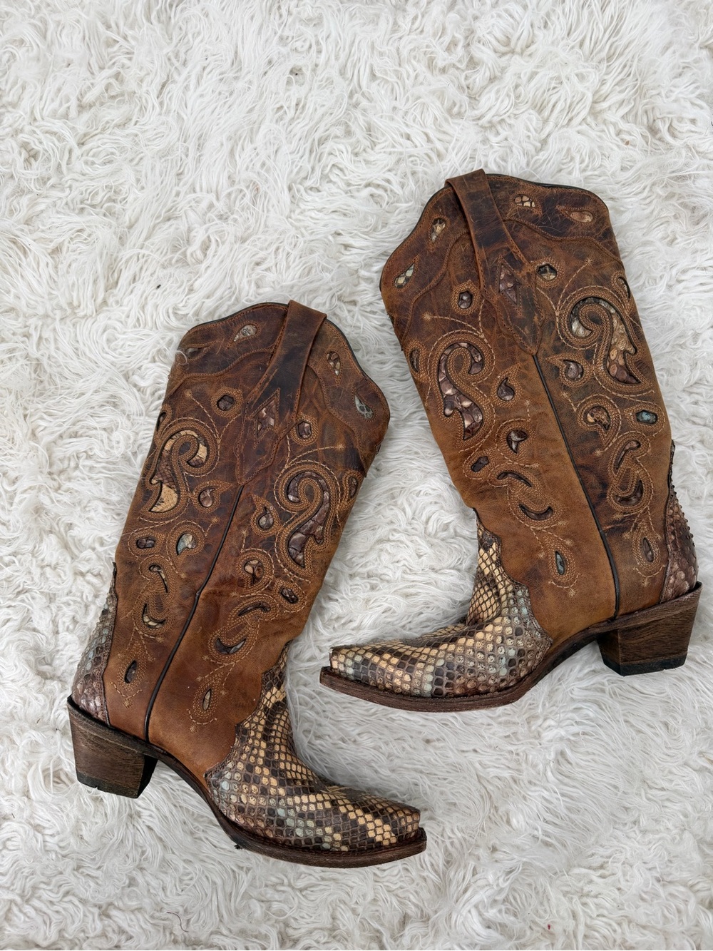 Vintage Corral Brown Leather Western Boots with Snake Skin New Size 7 W